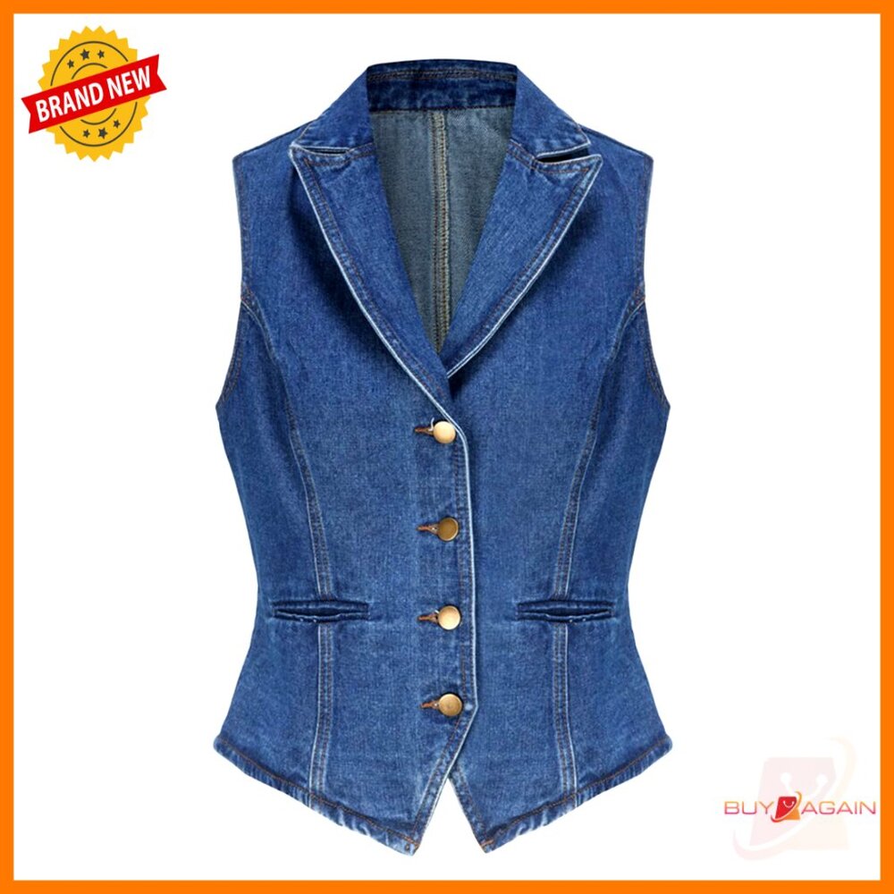 Large Denim Vest Sleeveless Lapel Button Down Regular Fit